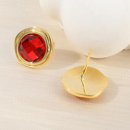 Gold Irregular Round Stud Earrings for Women 14K Gold Plated Crystal Rhinestone Stud Earrings Cubic Zirconia Statement Earrings Trendy Party Jewelry Gift for Women, Vintage Red Gemstone & Transparent