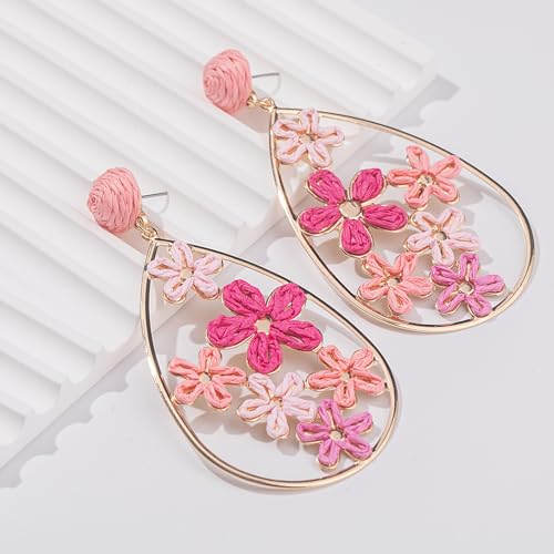 Boho Raffia Flower Teardrop Earrings Cute Colorful Dangle Trendy Jewelry | Floral Drop Statement Big Dangling Earring Hypoallergenic Gold Fun Unique Summer Spring Beach Vacation Outfits for Women - color: Pink