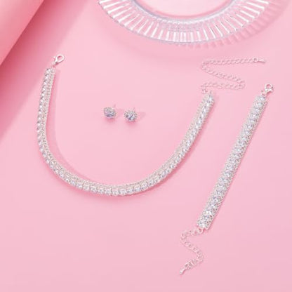 Women Rhinestone Crystal Jewelry Set Crystal Tennis Design Rhinestone Choker Necklace Link Bracelet Teardrop Earrings Set Wedding Bridal Bridesmaids Party - color: Silver Plated White Crystal（2）