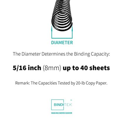 Binditek Plastic Spiral Binding Coils, 8 mm, 4:1 Pitch, Black, 100 Pack | Coil Binding Spines, 5/16", 40 Sheet Capacity, 48 Loops, for Letter-Size Reports, Presentations, School and Office Projects - size: 8mm, style: 100P , Black