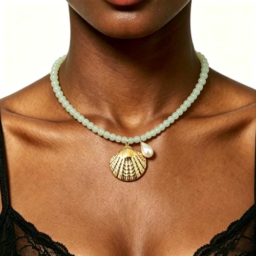 Fish Shell Necklace for Women, Beaded Necklaces Boho Statement Necklace, Pearl Necklaces Summer Beach Vacation Dress & Costume Jewelry - color: Light Green-shell