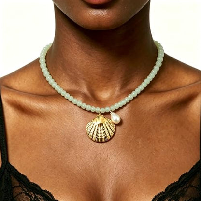 Fish Shell Necklace for Women, Beaded Necklaces Boho Statement Necklace, Pearl Necklaces Summer Beach Vacation Dress & Costume Jewelry - color: Light Green-shell