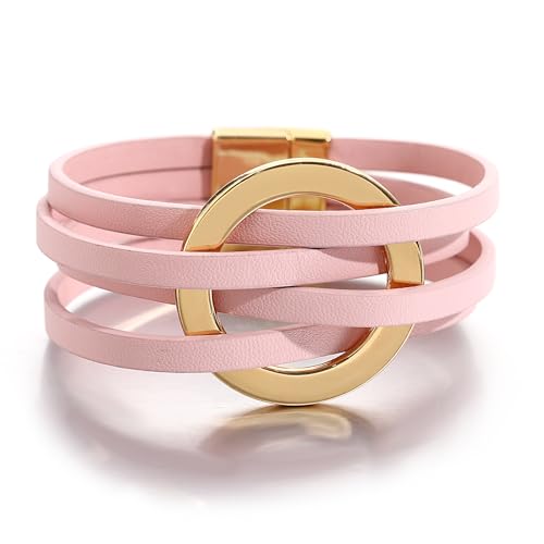 hotoo Circle Charm Bracelets for Women Handmade Leather Wrap Bracelets for Couples Friendship Bracelet Bohemian Cuff Bangle Boho Jewelry Gift - color: New Pink