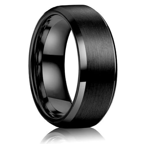 Jstyle 8MM Wedding Band for Men Stainless Steel Ring Band Size 6-14 | Matte Surface Beveled Polished Edge, Silver/Black/Gold Wedding Engagement Promise Ring Jewelry Gift Comfort Fit for Him - color: Black