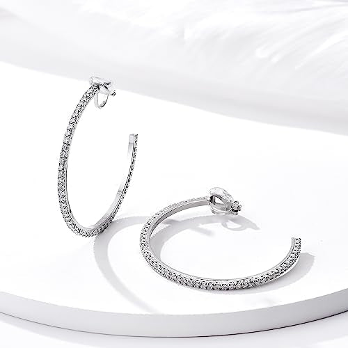 YOQUCOL 4.3CM(1.7in) Clip On Hoop Earrings Cubic Zirconia Non Pierced Ears Hoops for Women - color: 55MM-Silver