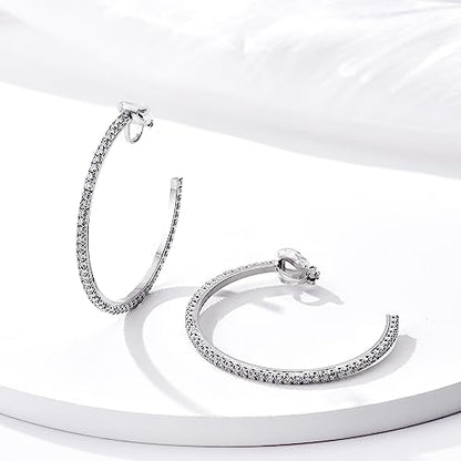 YOQUCOL 4.3CM(1.7in) Clip On Hoop Earrings Cubic Zirconia Non Pierced Ears Hoops for Women - color: 55MM-Silver