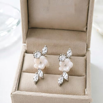 Stainless Steel Flower Pearl CZ Ear Crawler Earrings for Women, 1 Pair 16G Mother of Pearl Cubic Zirconia Screw Back Flat Back Stud Earrings, Dainty Sparkly Hypoallergenic Jewelry for Sensitive Ears - color: Gold
