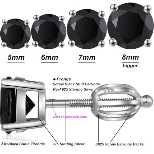 Jiamiaoi Stud Earrings Screw Back Sterling Silver Cubic Zirconia Stud Earrings Set 4 Millimeters-8 Millimeters Nickle Free Hypoallergenic Earring Studs - color: J-Black Zircon, size: 6mm