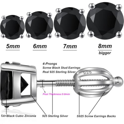 Jiamiaoi Stud Earrings Screw Back Sterling Silver Cubic Zirconia Stud Earrings Set 4 Millimeters-8 Millimeters Nickle Free Hypoallergenic Earring Studs - color: J-Black Zircon, size: 6mm