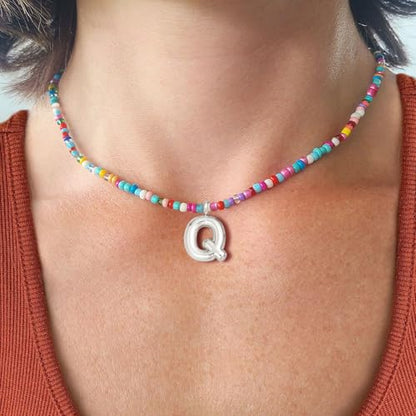 VRIUA Colorful Initial Necklaces for Women – Bubble Letter A-Z Necklace Handmade Beaded Necklace Dainty Initial Necklaces for Girls Kids - Teen Girls Gifts Trendy Jewelry - color: Silver, style: Q