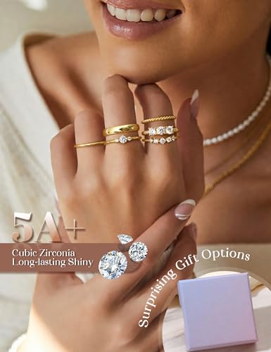 Besteel Gold Rings for Women - Non Tarnish 14K Gold Plated Stackable Rings, Dainty Cubic Zirconia Thin Thumb Ring Set, Trendy Statement Promise Wedding Bands Engagement Ring for Women Size 6-10
