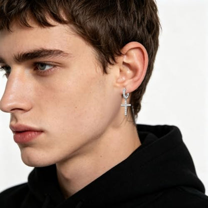 NEWITIN CZ Cross Earrings for Men Women 14K Gold Plated Huggie Hoop Earring | Hypoallergenic, 5A+ Cubic Zirconia, Cartilage Earring, Sensitive Ears, Silver Gold, Men Hoops Dangling, Cross Diamond Earring - color: Silver B