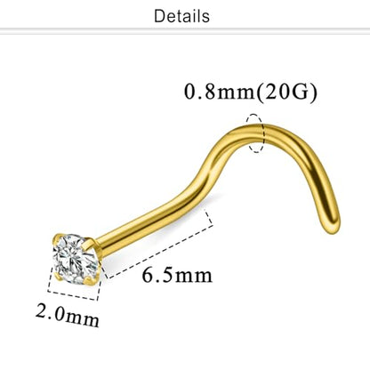 Nose Studs Surgical Steel Nose Rings Studs with Cubic Zirconia 10Pcs Tiny Nostril Rings for Women Screw Bone and L-Shaped Nostril Piercing Jewelry 24G 22G 20G 18G - color: goldtone,screw nose studs, size: 20g,2.0mm Clear CZ