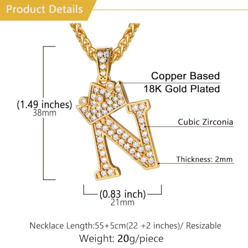U7 Crown Initial Necklace Men Women, Bling Diamond A-Z 0-9 Letter Pendant with Wheat Chain, Silver/Black/Gold Plated CZ Alphabet Number Hip Hop Jersery for Father Husband - color: a. Gold, size: 14. N