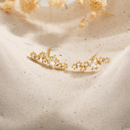 Robaice Cartilage Climber Earrings for Women，14K Gold Plated Helix Stud | Trendy Cluster Earrings, CZ Stud Earring, Tragus Conch Daith Piercing, Ear Crawer,Hypoallergenic Jewelry Gift for Women - color: E-Gold Star