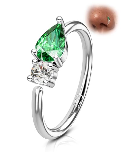 20G 925 Sterling Silver Small Thin Nose Ring Hoop for Women, Silver 7mm - 8mm Adjustable Half Hoop Nostril Piercing Jewelry - color: Emerald CZ