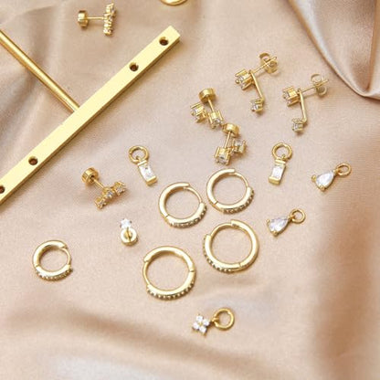 Stainless Steel Stud Earrings Set for Women Hypoallergenic Flat Back Cartilage Earrings Screw Back Huggie Hoop Earrings Multiple Piercing Cubic Zirconia Helix Tragus Jewelry - color: Set-E-14K Gold Plated