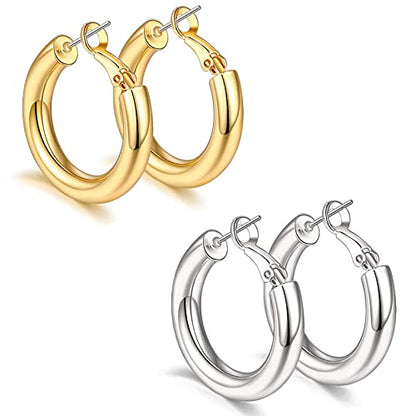 sovesi Chunky Hoop Earrings for Women, 14K Gold Plated Thick Hoops | 5mm Thick Hollow Tube Chunky Lightweight Hypoallergenic Hoop Earrings for Women - style: Gold and Silver 30MM