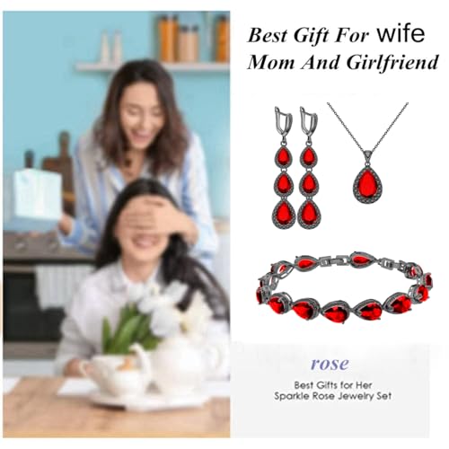 LMXXVJ Necklace Long Earrings Bracelet Set, White Gold Plated Created Blue Sapphire Jewelry Set Wedding Party Gift Jewelry for Women Bridal Bridesmaid - color: Black Gun-Ruby Red