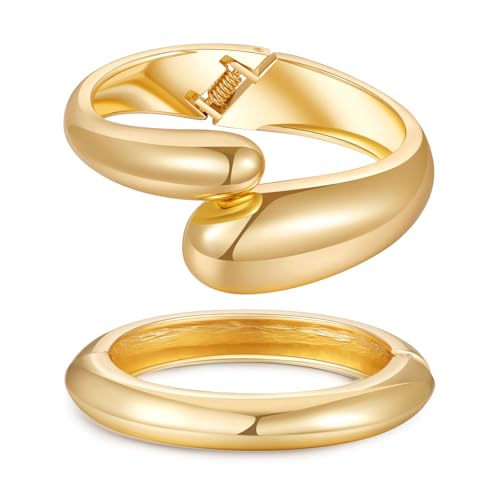 2pcs Gold Bangle Bracelets for Women, Trendy Hinged Cuff Open Wide Chunky Gold Bracelet Stack Arm Cuff Jewelry for Women - color: D-Gold Bangle
