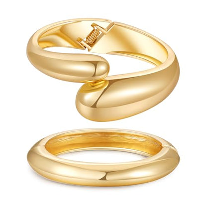 2pcs Gold Bangle Bracelets for Women, Trendy Hinged Cuff Open Wide Chunky Gold Bracelet Stack Arm Cuff Jewelry for Women - color: D-Gold Bangle