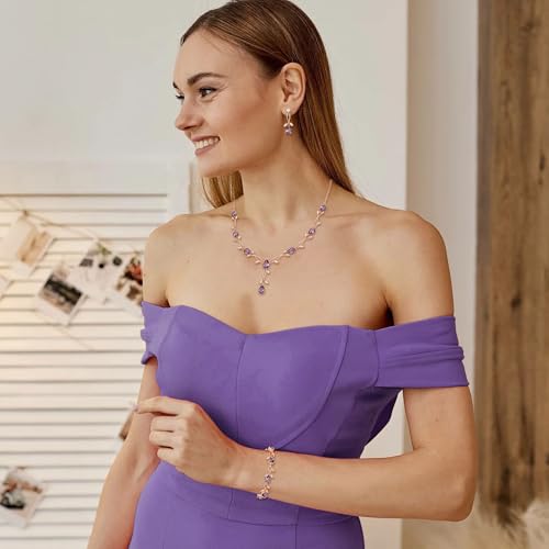 Crysdue Wedding Jewelry Set for Brides Bridesmaid, Cubic Zirconia Teardrop Marquise Leaf Cluster Pendant Necklace Bridal Tennis Bracelet Drop Earrings for Women Party Prom - style: A- CZ set-purple, rose gold