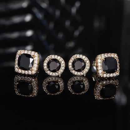 18K Gold Plated Halo Stud Earrings 925 Sterling Silver Cubic Zirconia Stud Earrings Round Square Diamonique Stud Earrings Set for Women Men - color: Gold&Black