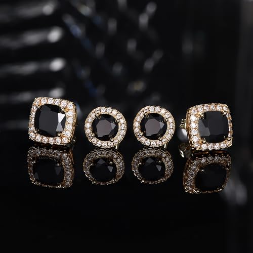 18K Gold Plated Halo Stud Earrings 925 Sterling Silver Cubic Zirconia Stud Earrings Round Square Diamonique Stud Earrings Set for Women Men - color: Gold&Black