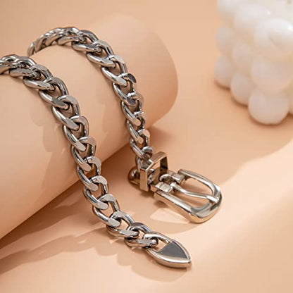 CJIAYUJEW Chunky Gold & Silver Cuban Chain Choker & Belt Necklaces for Women & Men - Punk Style Thick Link Belts - color: silver