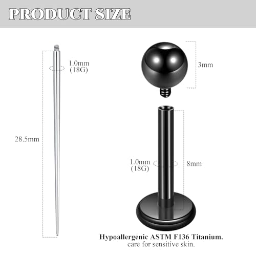Xpircn ASTM F136 Titanium Flat Back Stud Earrings Internally Threaded Labret Monroe Lip Nose Studs Tragus Helix Conch Cartilage Piercing Jewelry for Women - color: 18G 8MM Bar,3MM Ball,Black