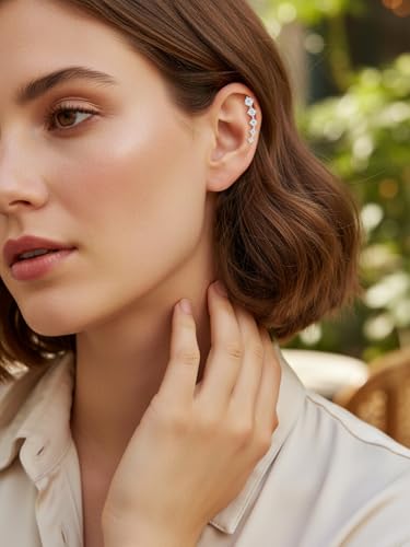 Moissanite 20mm Butterlfy/Flower/Leaf/Bezel Crawler Stud Earrings for Women, 925 Sterling Silver with Gold Plated, Hypoallergenic Cartilage Earrings, Valentines Birthday Anniversary Wedding Gift - color: Round - White Gold