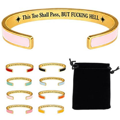 This Too Shall Pass Mantra Cuff Bracelet, BUT FUCKING HELL Engarved Hidden Message Code Motivational Bangle Inspirational Jewelry Encouragement Gifts for Women - color: Light pink Gold