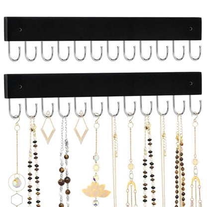 Hanging Jewelry Organizer, 2 Pack Wall Mount Wooden Holder | Natural Wood, 24 Rotating Hooks, Wall Mounted With Screws, For Necklaces, Bracelets, Earrings And Keys - color: Black