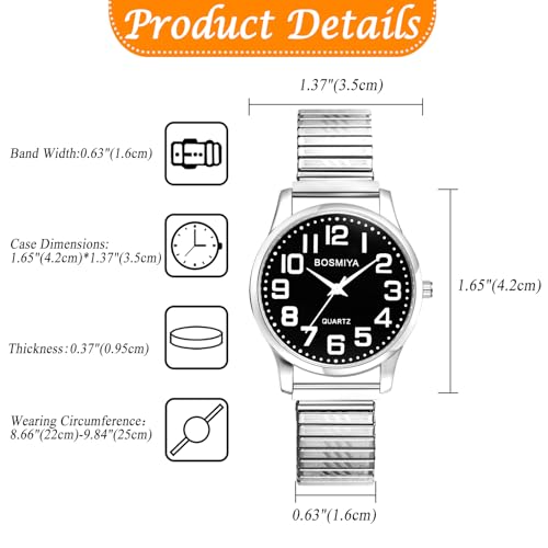 Avaner Stretch Band Wrist Watches: Elastic Strap Bangle Big Number Easy Reader Analog Quartz Wristwatch for Men Women - color: Silver Band Black Dial (for men)