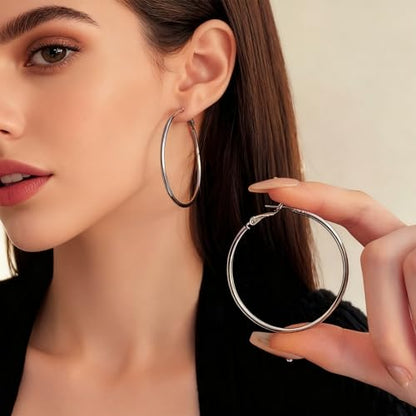 1 Pairs 60/70mm Silver 14K Gold Rose Gold Hoop Earrings for Women Hypoallergenic Stainless Steel Lightweight Big Hoops Shiny Dangle Earrings Trendy Jewelry Gifts - color: 70mm-Silver Hoop Earrings
