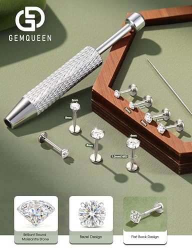 GEMQUEEN 8 PCS Moissanite ＆ Implant Grade G23 Titanium Nose Studs Flat Back Earrings Hypoallergenic : 14K Gold Plated Nose Rings 20G Push in Threadless Cartilage Helix Piercing Jewelry for Women Men - color: Titanium| 16G(1.2MM)-Bar-6/8MM&Moissanite-2/3/4