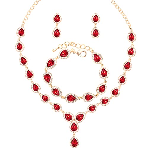 Austrian Crystal Rhinestone Necklace Dangle Earrings Link Bracelet Jewelry Set for Brides Bridesmaid Prom Costume Accessories for Women - color: Red-Gold Plated
