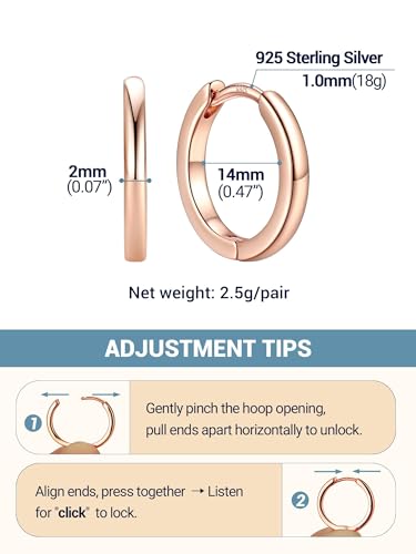PROSTEEL Huggie Hoop Earrings For Women with 925 Sterling Silver Post | 8/10/12/14/16/18/20mm,14K Gold Plated/Black/Rose Gold/Silver Brass Lightweight Cubic Zirconia Cartilage Piercing Earring - color: 1. Rose Gold, size: 14mm