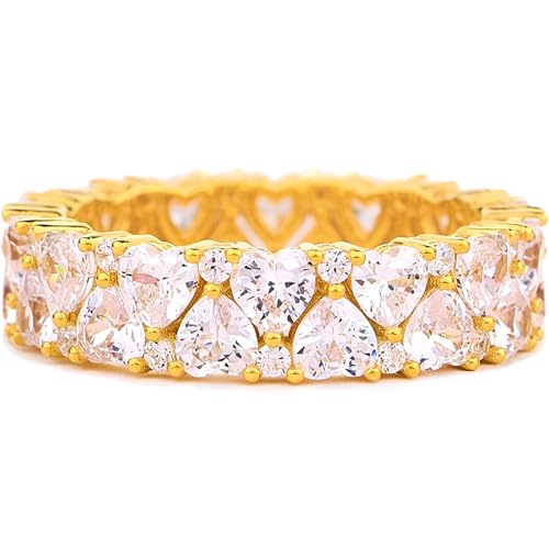 STORYJEWELLERY Eternity Band Rings for Women, Heart Ring, Gold Plated Wedding Bands for Women, Purity Ring, Cubic Zirconia Travel Rings