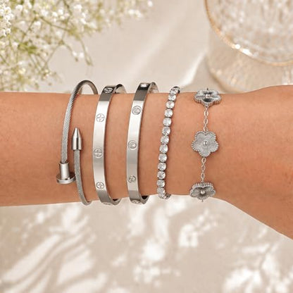 18K Gold Plated Love Bangle Bracelet Stack for Women, Adjustable Clover Bracelet & CZ Tennis Chain Set, Stackable Layered Jewelry, Fade Resistant, Long-Lasting Luster for Daily Wear & Gift - color: 5Pcs Silver