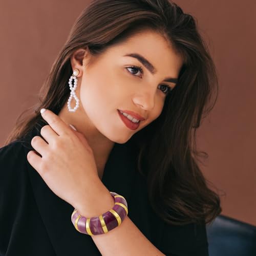 YBMYCM Acrylic Chunky Bangles Bracelets for Women Resin Gold-plated Stackable Stretch Bracelet Wide Wristbands Gift Jewelry - color: Purple