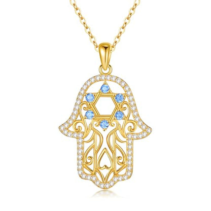 Hamsa Necklace 925 Sterling Silver Evil Eye/Lotus Flower/Star of David/Chai/Yin Yang Hamsa Hand Pendant Jewelry Hand of Fatima Gifts for Women - style: Star of David-Gold