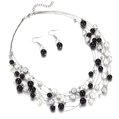 FULU AUTUMN Layered Pearl Necklace Multi-strand Pearl Choker Necklaces for Women Beaded jewelry for Wedding Parties - color: 37-Black and white