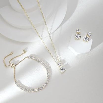 3-Piece Cubic Zirconia Wedding Jewelry Set for Women Bride Bridesmaid Gift | Hypoallergenic, Earrings Necklace Adjustable Bracelet for Prom Formal Parties - color: 14K Gold