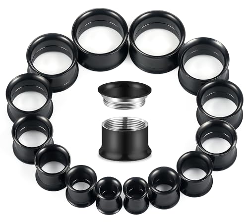 12G-25mm Double Flare Thin Gauges Tunnels Plugs Stretching Kit 316L Surgical Stainless Steel Hollow Gauge Tunnel Plug for Ear 12G 10G 8G 6G 4G 2G 0G 00G 12mm 14mm 16mm 18mm 20mm 22mm 25mm - color: Black Tone, size: 00G(10.0mm)-25mm