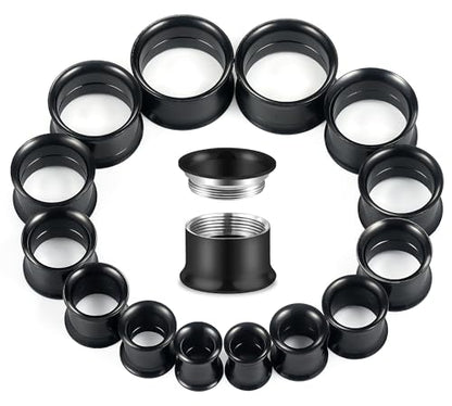 12G-25mm Double Flare Thin Gauges Tunnels Plugs Stretching Kit 316L Surgical Stainless Steel Hollow Gauge Tunnel Plug for Ear 12G 10G 8G 6G 4G 2G 0G 00G 12mm 14mm 16mm 18mm 20mm 22mm 25mm - color: Black Tone, size: 0G(8.0mm)-22mm