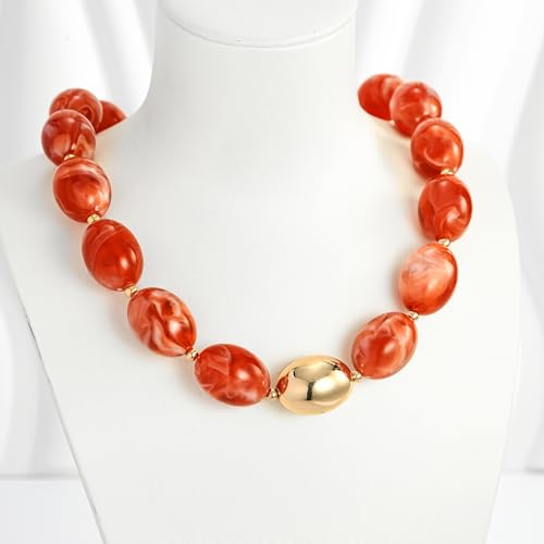 Chunky Beads Necklace for Women Trendy Gold Puffy Heart Choker Necklace Colorful Resin Beaded Heart Pendant Necklaces Statement Jewelry - color: Oval Beads-Orange