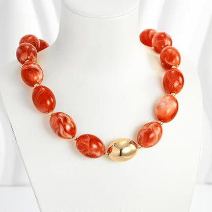 Chunky Beads Necklace for Women Trendy Gold Puffy Heart Choker Necklace Colorful Resin Beaded Heart Pendant Necklaces Statement Jewelry - color: Oval Beads-Orange