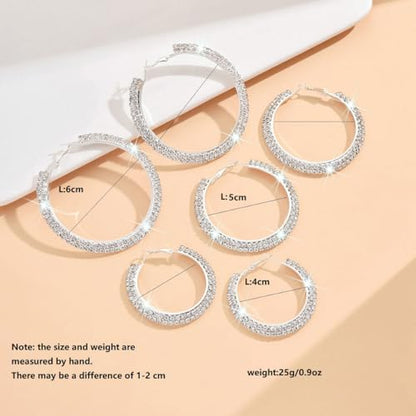 Large Silver Rhinestone Hoop Earrings Sparkly Big Hoop Earrings for Women Bling Chunky Silver Hoops 40/50/60/70mm Trendy Prom Wedding Christmas Jewelry - style: Diameter - 40mm