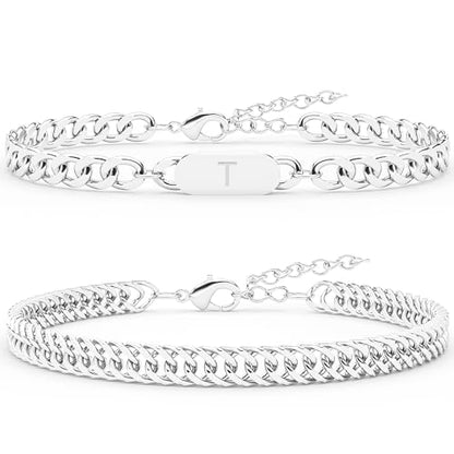2PCS Initial Letter Cuban Bracelet, A-Z Letter Pendant Stainless Steel Silver Cuban Link Chain for Men Women Jewelry Set for Him Her - style: T
